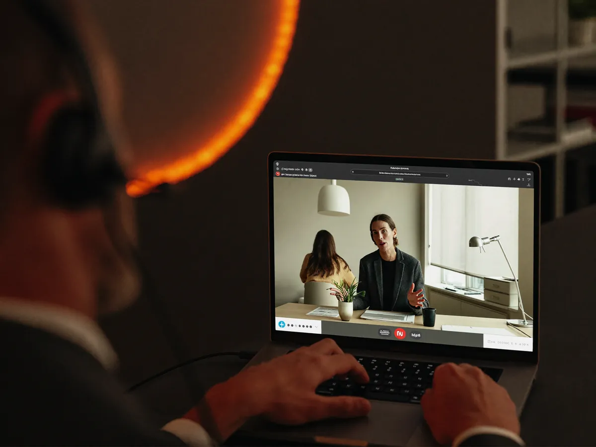Medewerker belt via een headset tijdens een Teams-vergadering